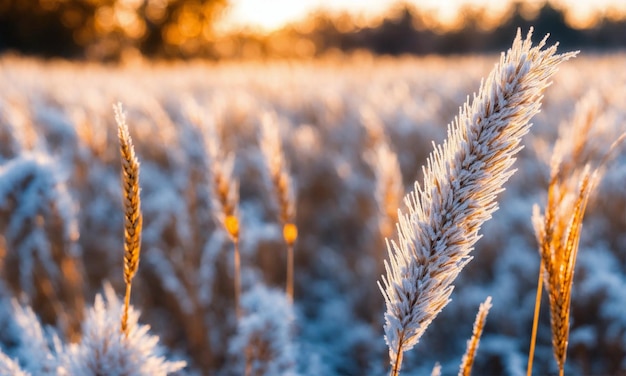 Las hojas de trigo están cubiertas de helada. Las heladas de la mañana en el campo de trigo. El hielo de trigo de invierno.