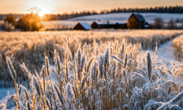 Las hojas de trigo están cubiertas de helada. Las heladas de la mañana en el campo de trigo. El hielo de trigo de invierno.