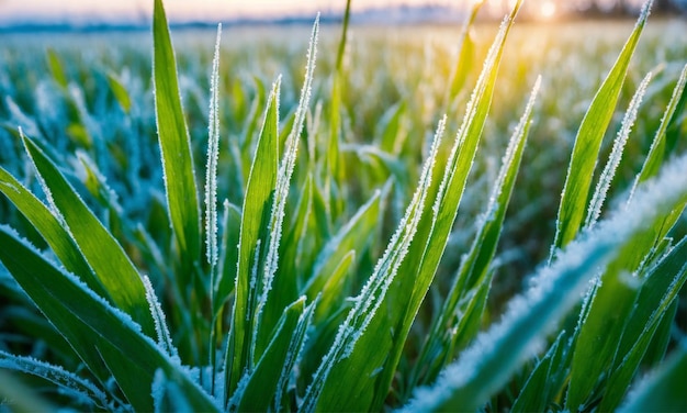 Foto las hojas de trigo están cubiertas de helada. las heladas de la mañana en el campo de trigo. el hielo de trigo de invierno.