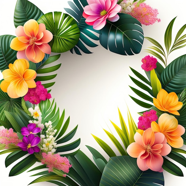 Hojas tropicales arbusto de plantas de follaje con flores coloridas arreglo floral marco de la naturaleza estandarte en w