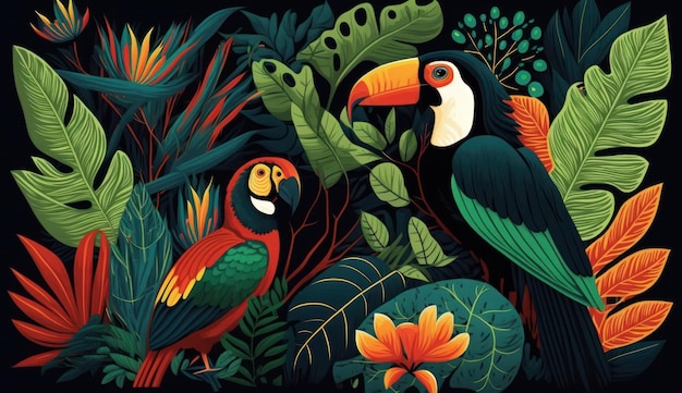 Hojas tropicales con ave del paraíso selva 2d ilustración digital plana fondo verde ai generativo