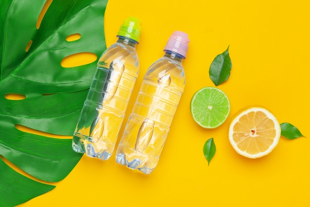 Hojas tropicales y botella de agua. Fruta de desintoxicación de agua infundida.