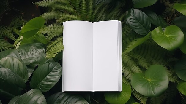 Foto hojas tropicales con un cuaderno blanco en blanco abierto ia generativa