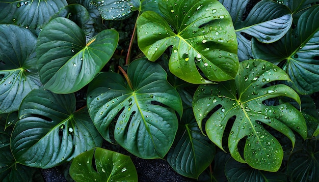 Hojas tropicales con gotas de agua Vista de cerca de la naturaleza de la hoja verde