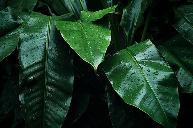 Hojas tropicales bajo la lluvia