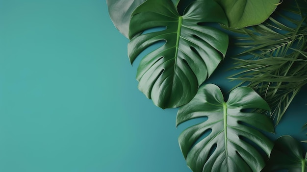 Hojas tropicales Monstera sobre fondo azul generado ai