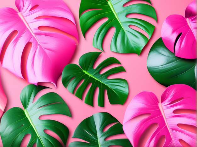 Hojas tropicales de Monstera sobre un fondo rosado