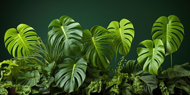 Hojas tropicales con patrón de follaje monstera hojas diseño de marco de fondo para bandera de verano