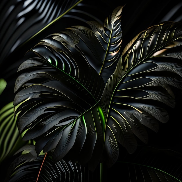 Hojas tropicales realistas detalladas bajo un reflector en un fondo negro de una habitación oscura