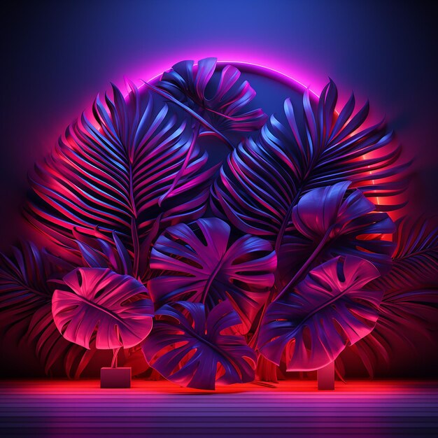 Hojas tropicales renderizadas en 3D sobre un fondo de neón