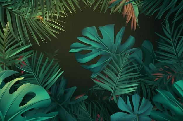 Hojas tropicales representadas en fondo floral verde oscuro hojas de palma monstera ai generativo