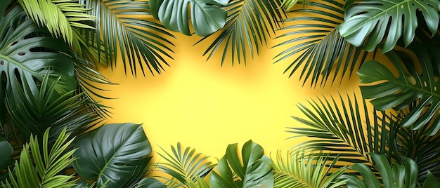 Hojas tropicales sobre fondo amarillo con espacio de copia para el texto