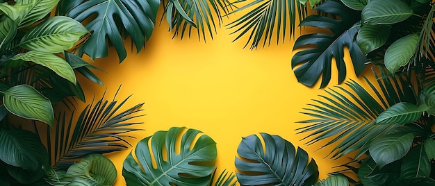 Foto hojas tropicales sobre fondo amarillo con espacio de copia para el texto