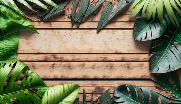 Foto hojas tropicales sobre un fondo de madera vista superior plana