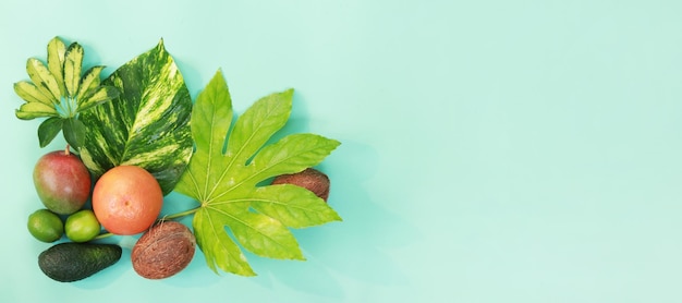 Hojas tropicales de verano y frutas exóticas sobre un fondo azul claro. copia espacio