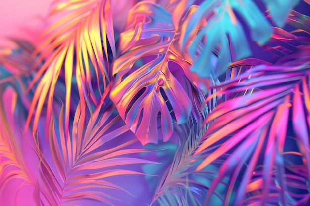 Hojas tropicales vibrantes en colores holográficos con un concepto surrealista