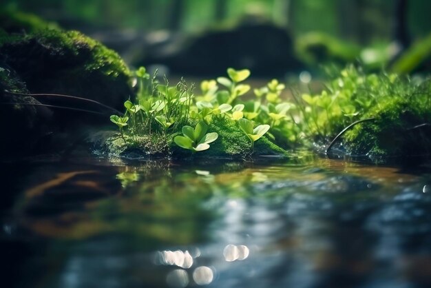 Hojas verdes en agua con luz solar Fondo de naturaleza con espacio de copia IA generativa