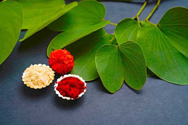 Hojas verdes, arroz, flor y polvo rojo.