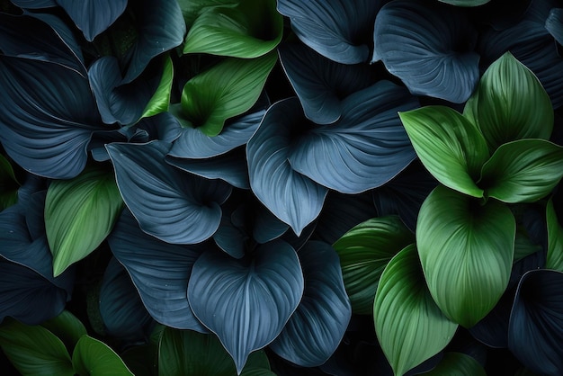hojas verdes y azules en un entorno natural