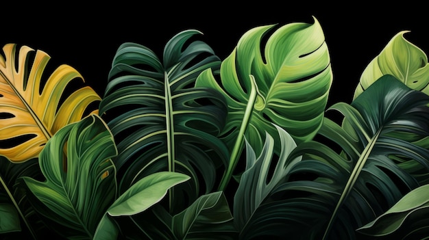 Las hojas verdes de la banana Monstera revelan la belleza tropical