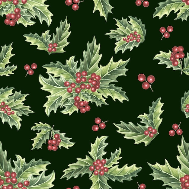 Hojas verdes y bayas rojas Navidad patrón sin costuras vintage dibujado a mano