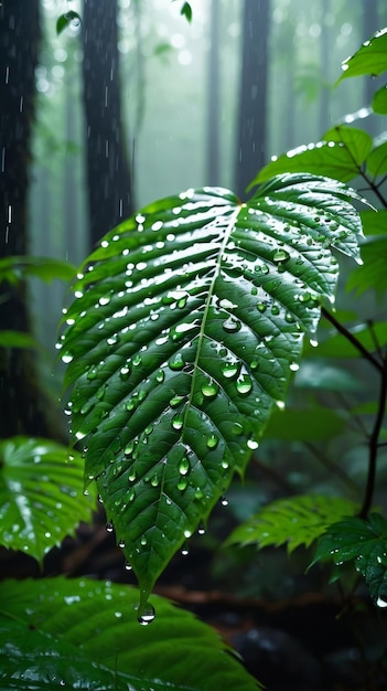 Hojas verdes brillantes con gotas de agua