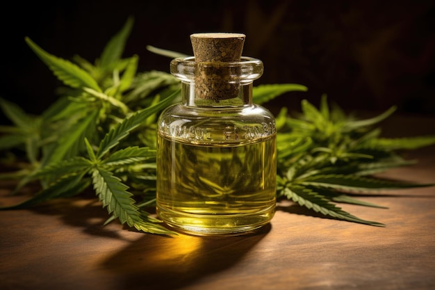 Hojas verdes de cannabis y extracto de cbd en botella Drogas ligeras para medicina Concepto de marihuana medicinal Creado con IA generativa