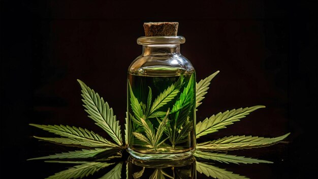 Hojas verdes de cannabis medicinal con extracto de aceite Botella de vidrio con aceite de cannabis Buds de cannabis concepto de marihuana medicinal