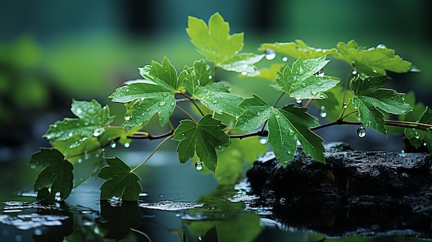 Hojas verdes en la ducha en los días de lluvia