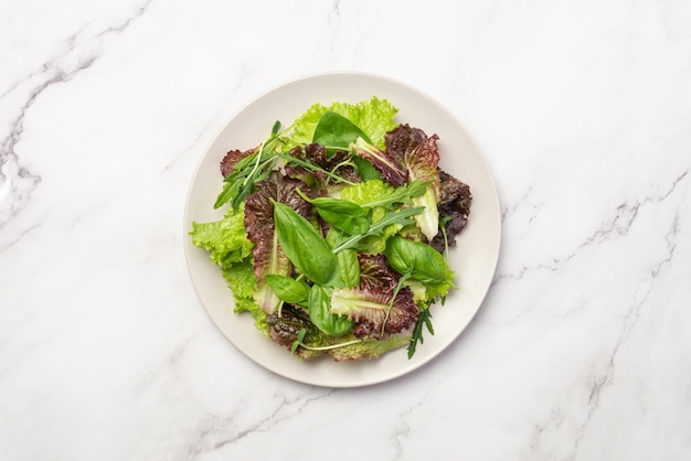 Hojas verdes para ensalada en un plato gris sobre un fondo gris