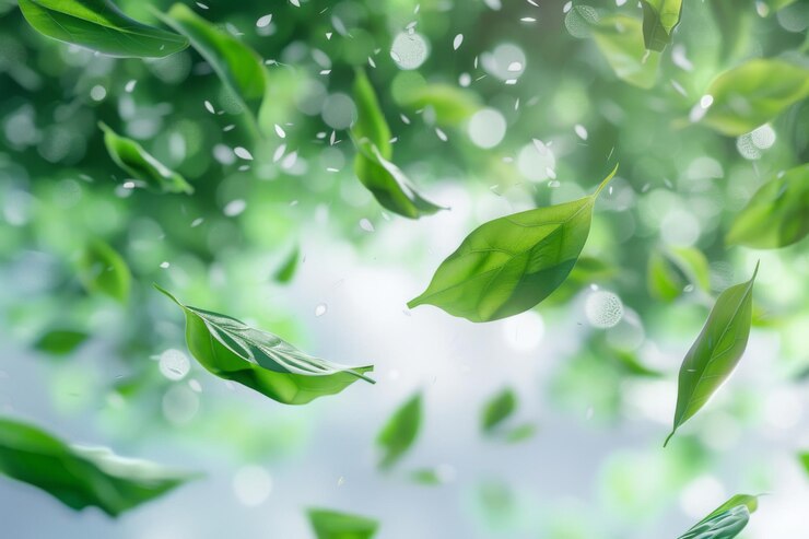Hojas verdes flotantes en movimiento contra un fondo verde claro que crean una escena natural fresca y dinámica