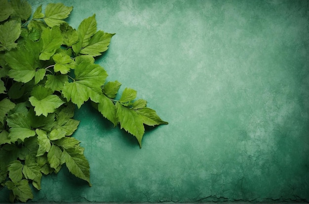 Hojas verdes con fondo de pared verde oscuro