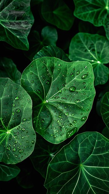 Hojas verdes frescas adornadas con gotas de lluvia una sinfonía de primer plano papel tapiz móvil vertical