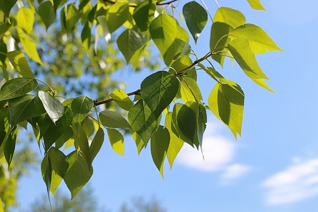 Hojas verdes frescas de árboles en un cielo azul claro