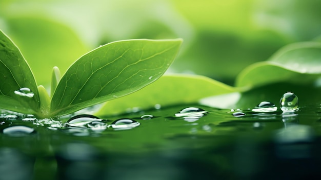 Hojas verdes frescas con gotas de agua sobre el agua