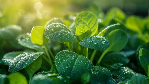 Hojas verdes frescas con gotas de agua