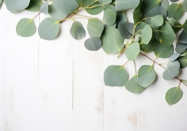 Hojas verdes frescas en la mesa de madera