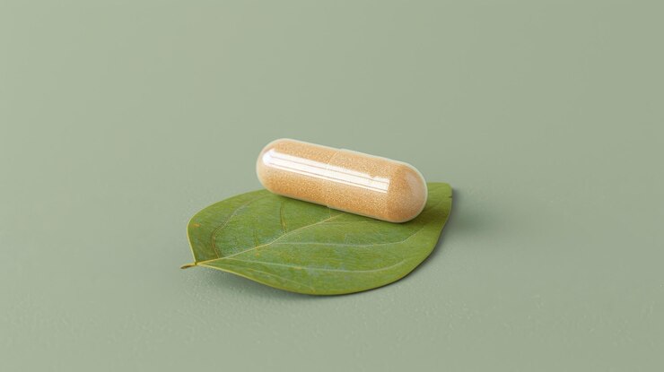Hojas verdes frescas de pastillas y cápsulas sobre un fondo verde