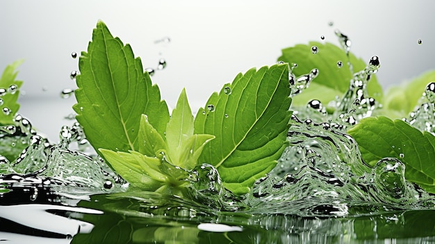 Hojas verdes frescas y realistas de menta con salpicaduras de agua aisladas sobre un fondo transparente