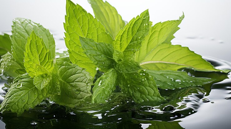 Hojas verdes frescas y realistas de menta con salpicaduras de agua aisladas sobre un fondo transparente