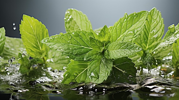 Hojas verdes frescas y realistas de menta con salpicaduras de agua aisladas sobre un fondo transparente