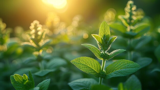 Hojas verdes frescas de salvia en la naturaleza con fondo borroso y luz solar