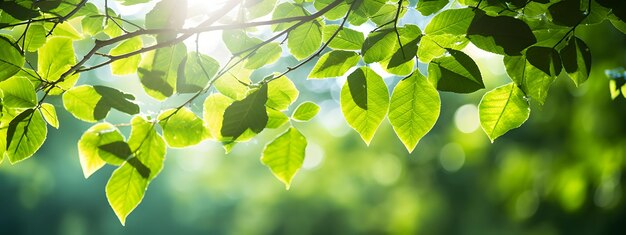 Hojas verdes en el fresco fondo del cielo de verano de primavera con una fuerte luz solar que brilla a través de los árboles