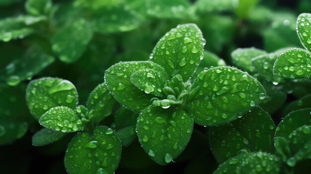 Hojas verdes con gotas de agua de cerca Fondo de la naturaleza