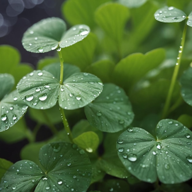 Hojas verdes con gotas de agua después de la lluvia