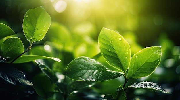 Hojas verdes con gotas de agua a la luz del sol