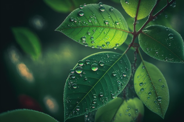 Hojas verdes con gotas de agua por la mañana. Fondo de la naturaleza.