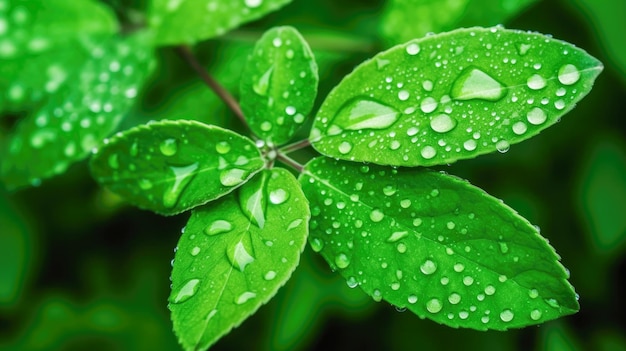 Hojas verdes con gotas de agua sobre ellas con la palabra lluvia sobre ellas.