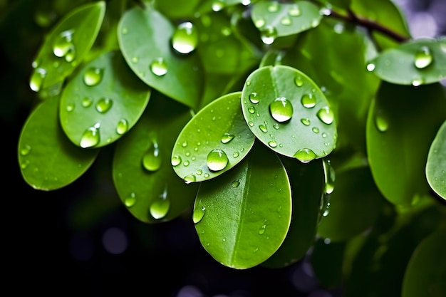 Hojas verdes con gotas de agua sobre ellas.