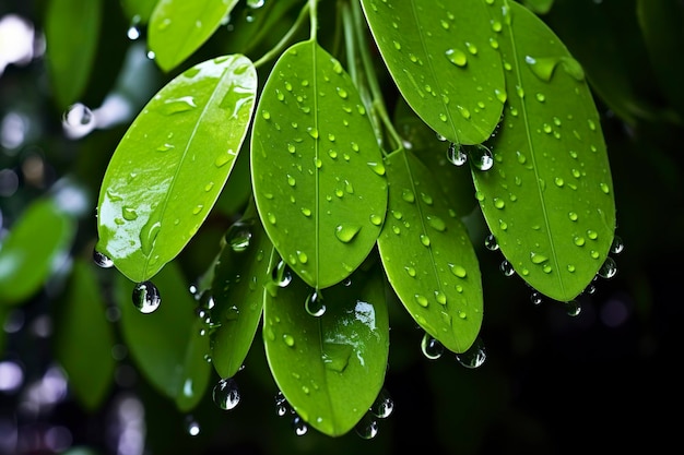 Foto hojas verdes con gotas de agua sobre ellas.